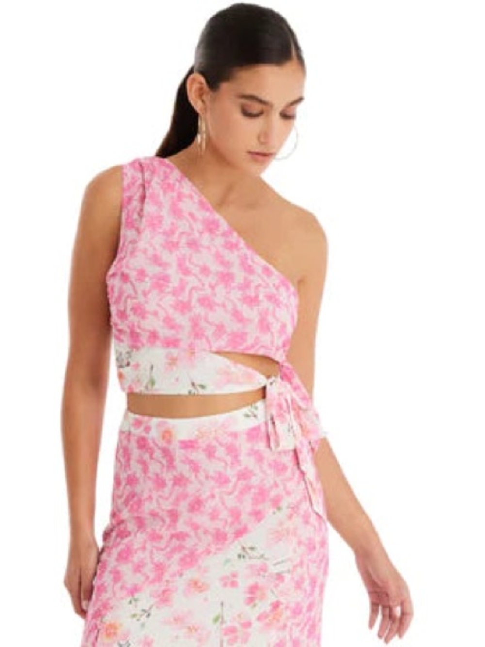 One-Shoulder Pink Floral Tie-Wrap Crop Top